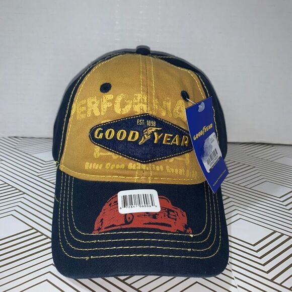 Goodyear Tire Colorblock Logo Baseball Hat Cap Blue Yellow Snapback NWT‎ - Picture 1 of 8
